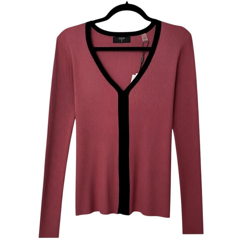 NWT T Tahari Pink Ribbed V-Neck Sweater Top (M)